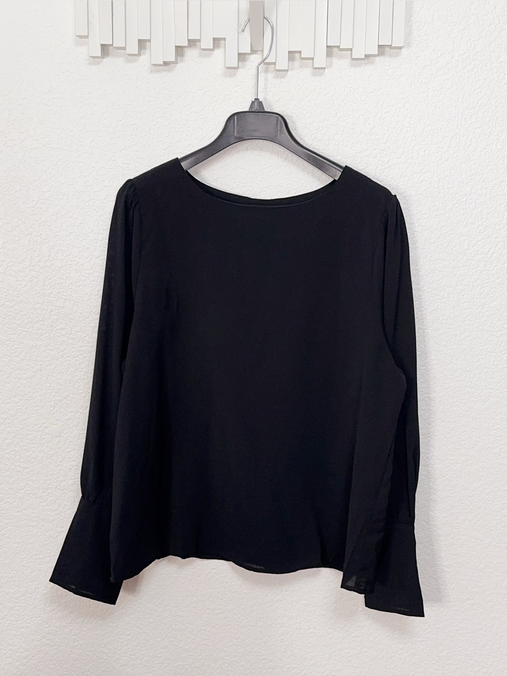 Miss Sparkling Black Back Button Bell Sleeve Blouse Top